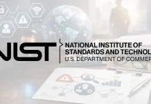 NIST logo and text reading National Institute of Standards and Technology, U.S. Department of Commerce overlaying an office scene with documents, eyeglasses, and digital security icons.