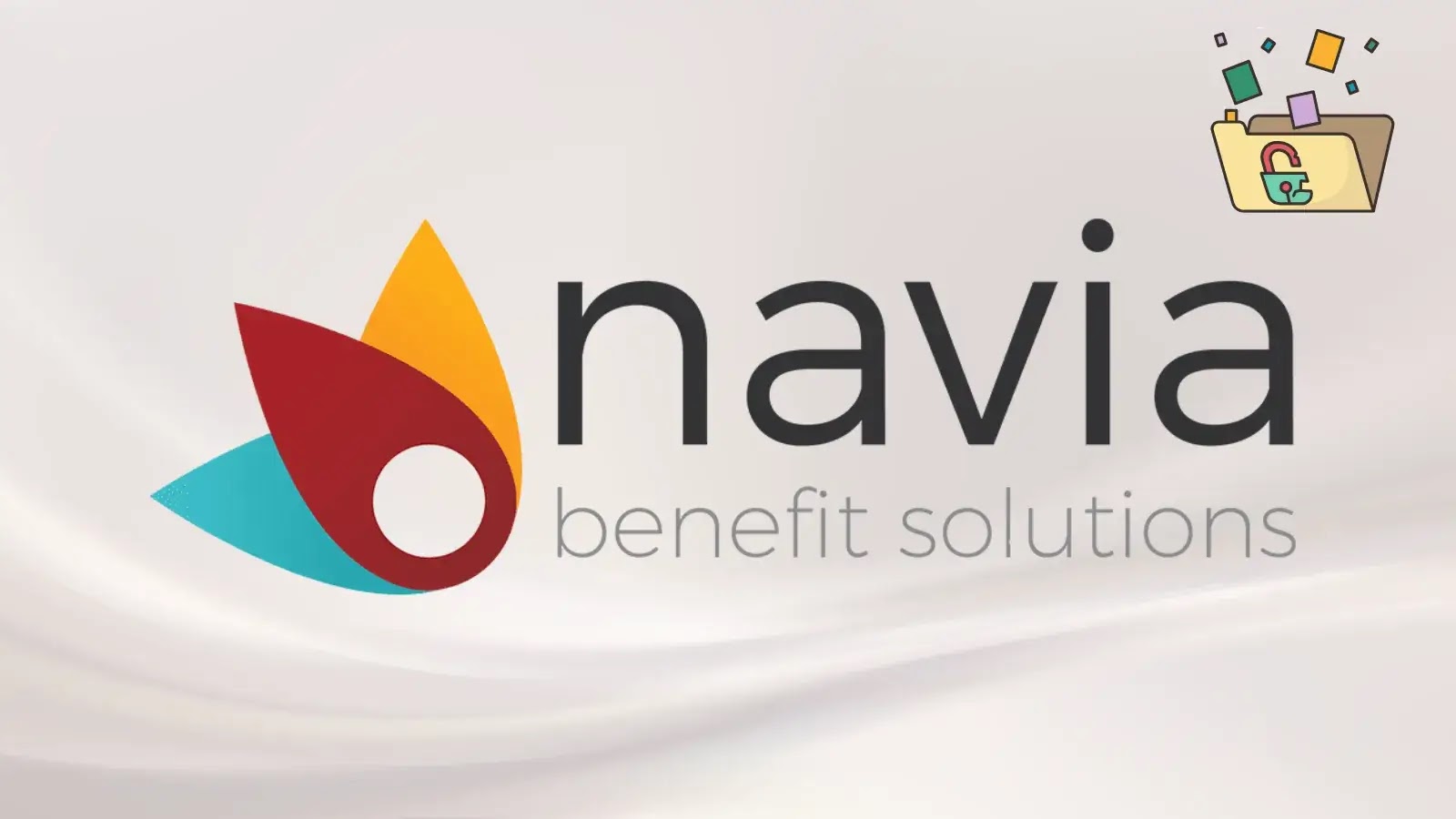 The image shows the Navia Benefit Solutions logo with abstract red, yellow, and blue shapes. The text reads navia benefit solutions. A cartoon folder with icons pops up in the top right corner.