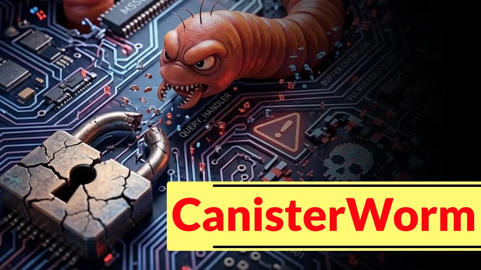 A menacing digital worm crawls over a computer circuit board next to a broken padlock, representing a cybersecurity threat. The text CanisterWorm appears in bold red on a yellow banner.