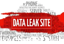 A red banner with the words DATA LEAK SITE is displayed over a background of cybersecurity-related terms like phone, server, email, business, and system in black and grey text.