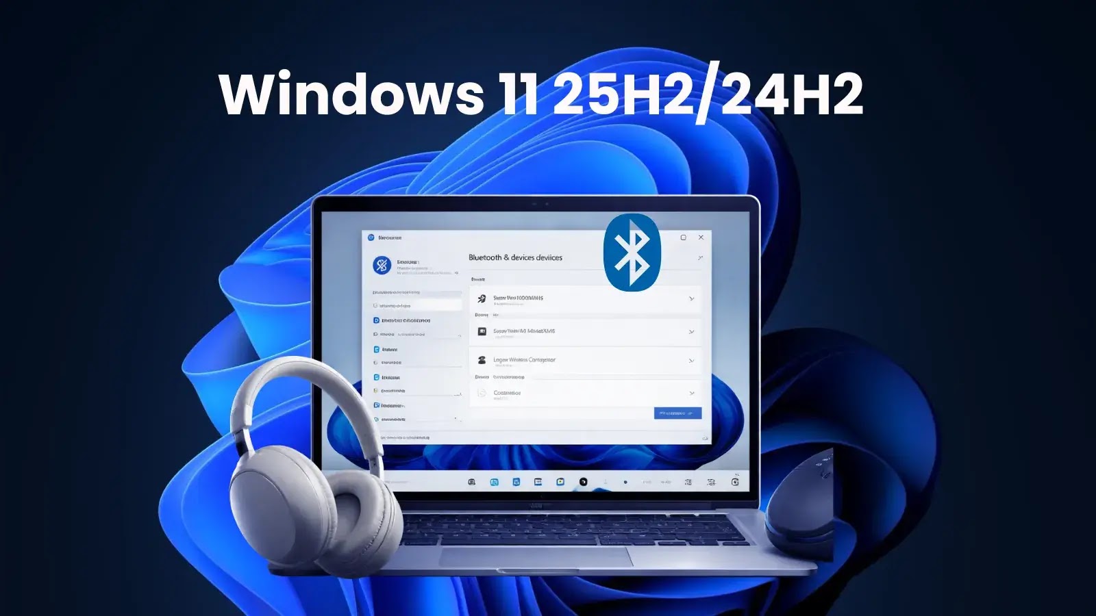 A laptop with Bluetooth settings displayed on the screen and wireless headphones beside it, set against a blue abstract background. The text above reads Windows 11 25H2/24H2.