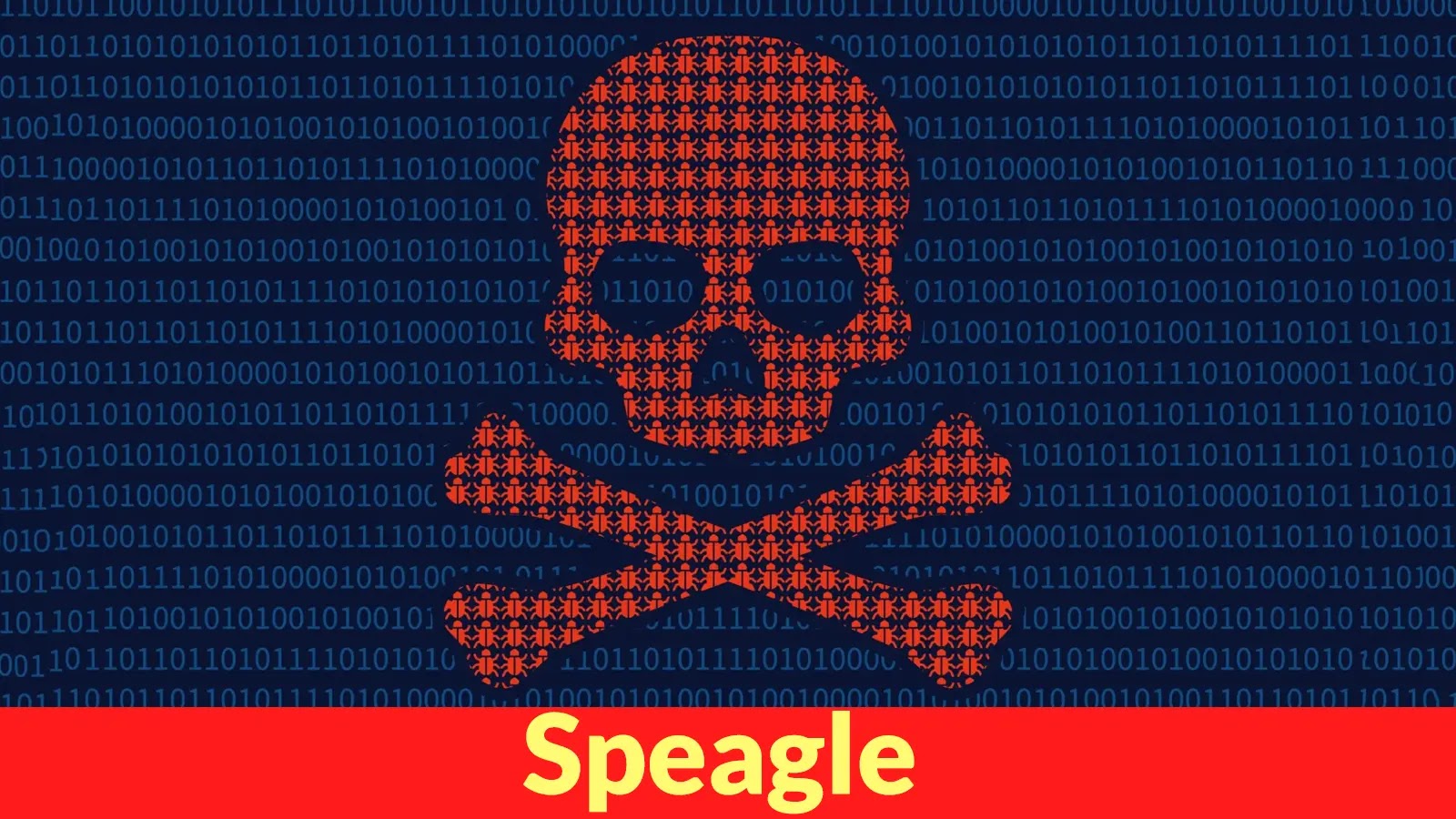 A red skull and crossbones made of digital symbols is displayed on a background of binary code. At the bottom, a red banner with yellow text reads Speagle.