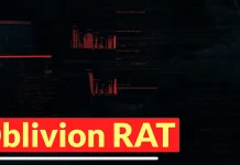 Red text on a dark background partially reads blivion RAT, with digital glitch effects and horizontal red lines above.