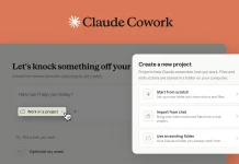 A website interface for Claude Cowork shows a New Project button being clicked and a pop-up to create a new project, offering options like starting from scratch, importing from chat, and linking a folder.