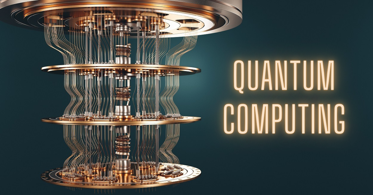 Quantum_Computing_Image A close-up of a futuristic quantum computer with multiple circular layers, copper wiring, and the glowing words QUANTUM COMPUTING on a dark background.