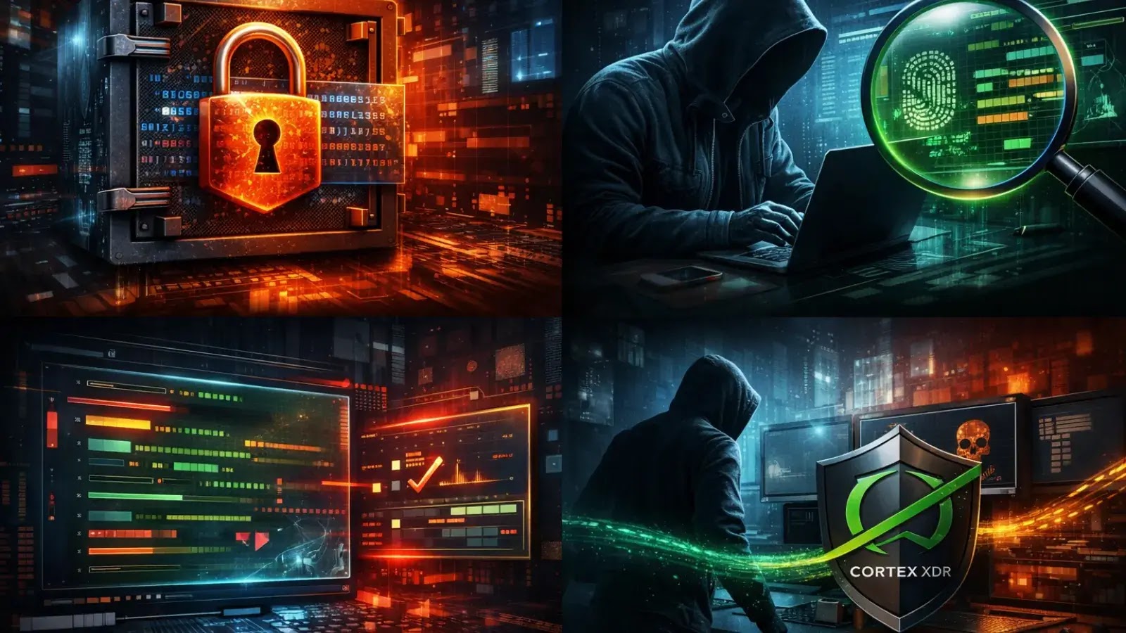 A collage of four cybersecurity-themed images: a glowing lock, a hooded figure at a laptop, a fingerprint under a magnifying glass, and a shield with the Cortex XDR logo, all set in a digital, high-tech environment.