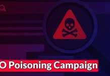 A warning sign with a skull and crossbones is shown above the words SEO Poisoning Campaign on a dark, abstract background.