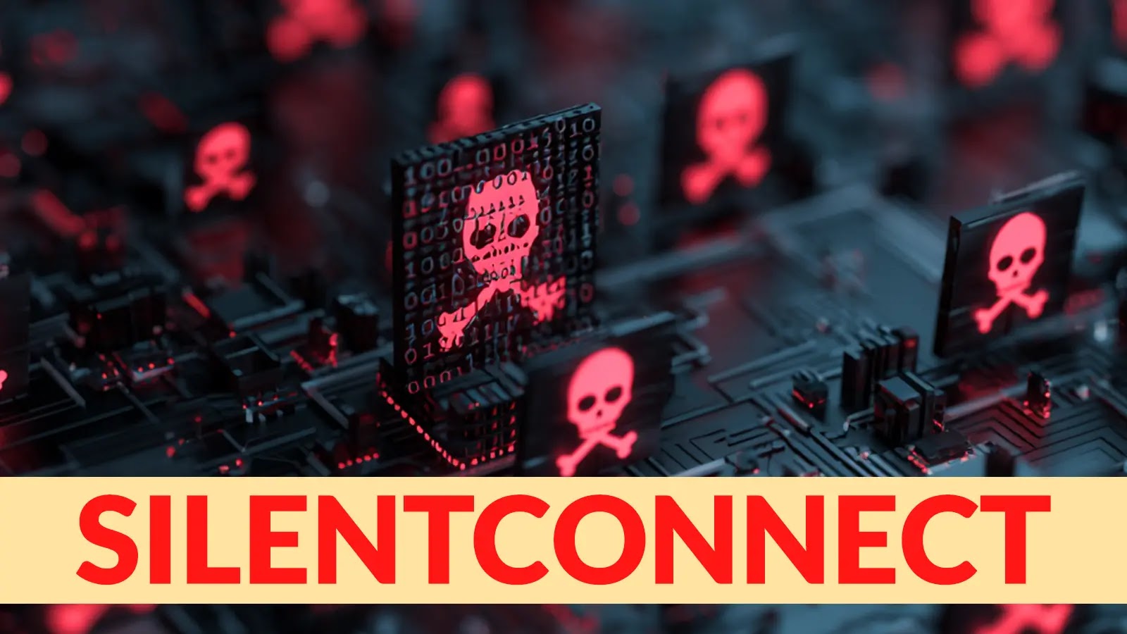 A digital illustration of computer circuit boards with red skull and crossbones symbols, suggesting cyber danger or malware. The text SILENTCONNECT is written boldly across the bottom in red on a yellow background.