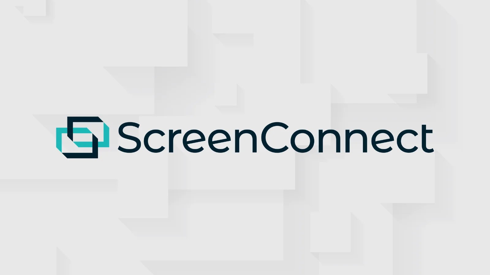 The image shows the ScreenConnect logo with a teal and black icon of overlapping rectangles to the left of the word ScreenConnect written in dark blue text on a light gray geometric background.