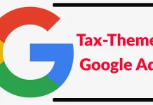 Large Google G logo on the left with the words Tax-Themed Google Ads in red text on the right, all on a white background with black lines at the top and bottom.