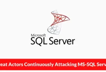 Microsoft SQL Server logo above a red banner with white text reading, “Threat Actors Continuously Attacking MS-SQL Servers” on a white background.