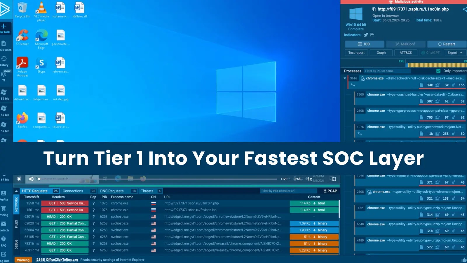 A computer screen displays a Windows desktop with multiple security and network monitoring tool windows open. Large text in the center says, Turn Tier 1 Into Your Fastest SOC Layer.