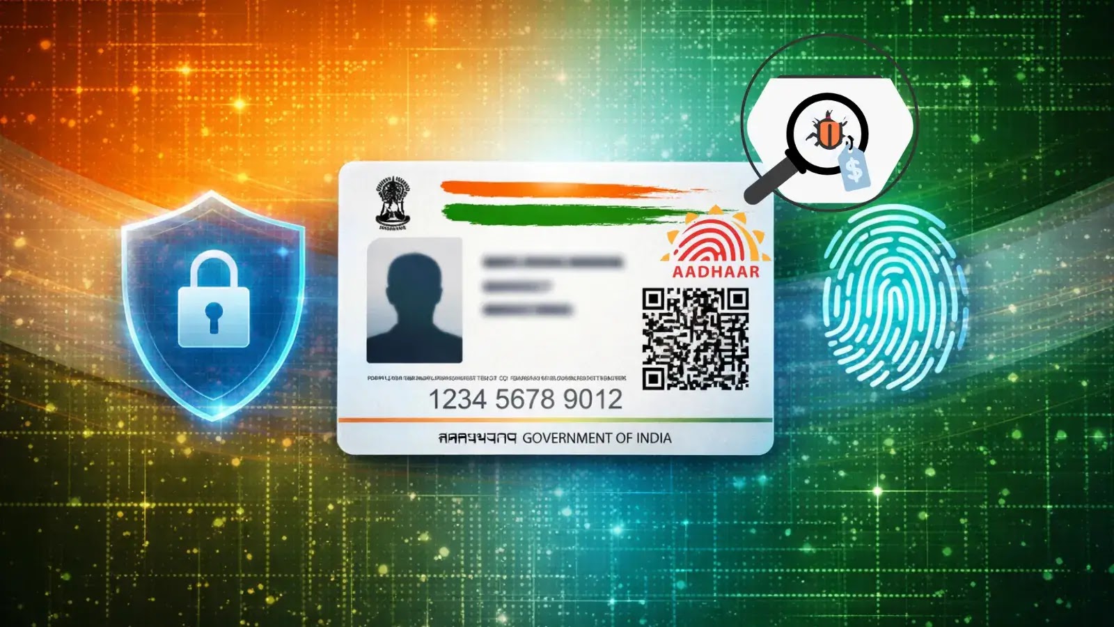 UIDAI Launches Bug Bounty Programme to Strengthen Aadhaar Security (1) (1) Digital illustration showing an Indian Aadhaar card with a blurred photo, QR code, and UID number, surrounded by a fingerprint, a padlock shield, and a magnifying glass with security icons, symbolizing identity protection.