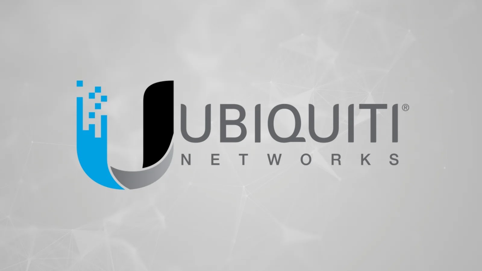 Ubiquiti Networks logo with a stylized blue and black U on a light grey, abstract background, accompanied by the company name in bold and light gray text.