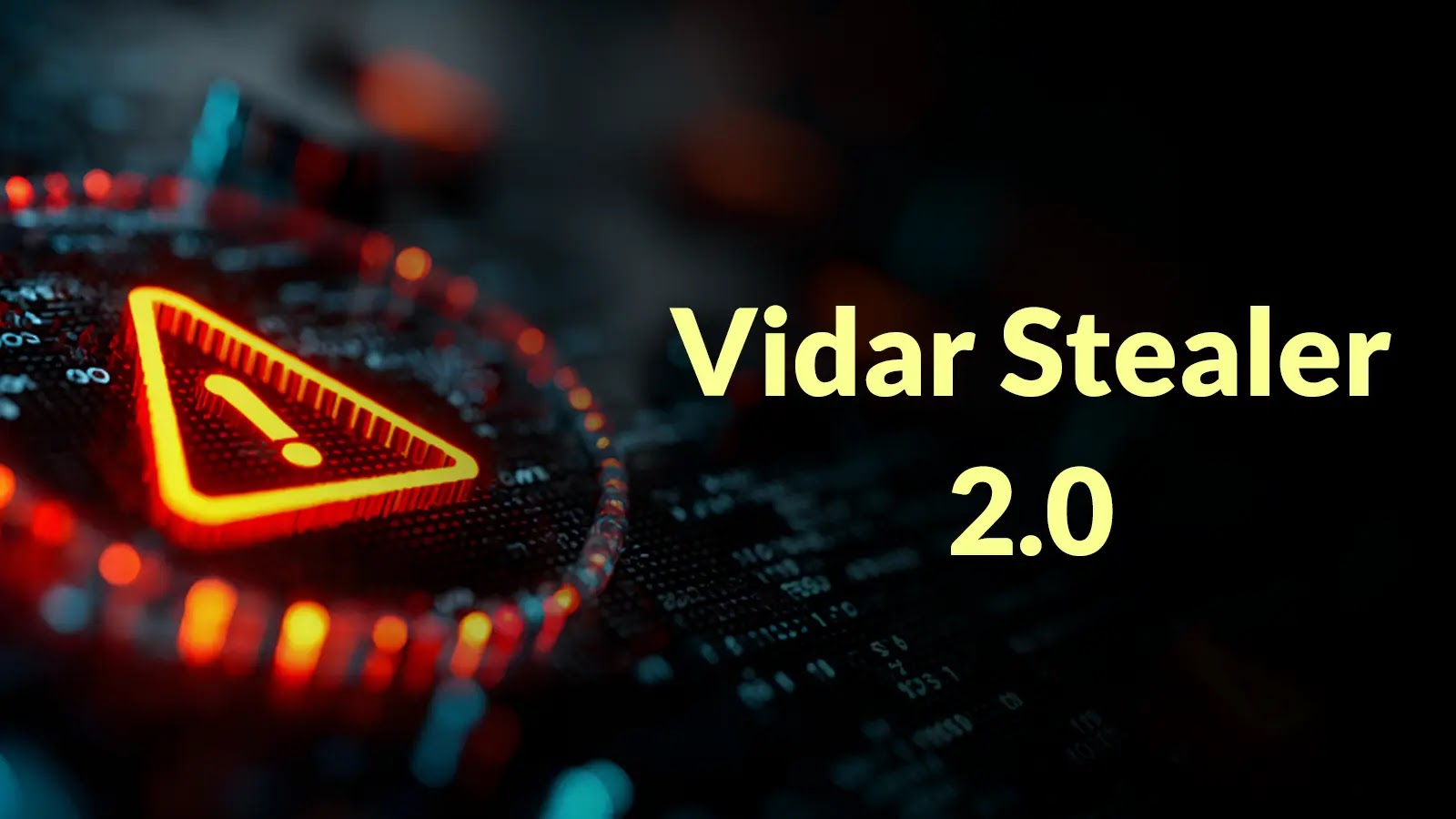 A glowing red warning triangle on a dark digital background, with the words Vidar Stealer 2.0 in large yellow text on the right side.