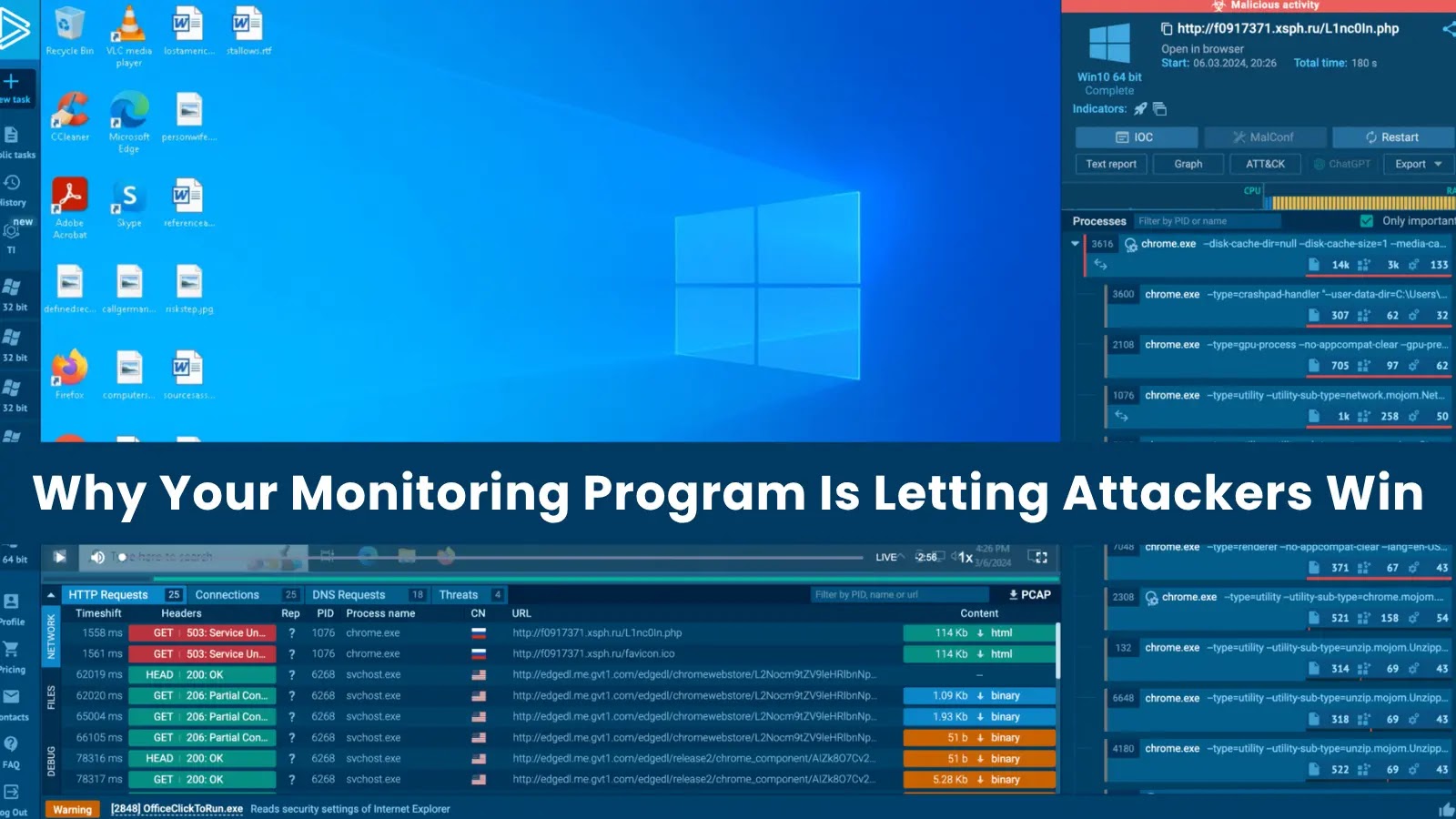 A computer desktop with multiple network monitoring tool windows open, showing lists of processes, network requests, and alerts. Text across the screen reads, “Why Your Monitoring Program Is Letting Attackers Win.”.