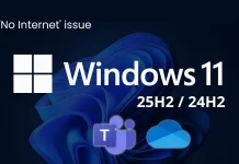 Windows 11 logo with text No Internet issue and 25H2 / 24H2. Microsoft Teams and OneDrive logos are shown on a blue abstract background.
