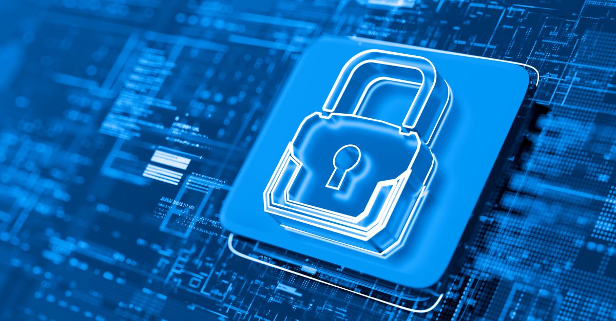 digital identity A 3D digital illustration of a padlock icon in blue, symbolizing cybersecurity, is displayed over a background of electronic circuitry and digital patterns.