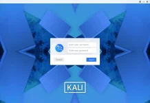 Login screen for Kali Linux, featuring a blue geometric background, fields to enter username and password, and a button labeled Log In. The Kali logo appears at the bottom center of the screen.