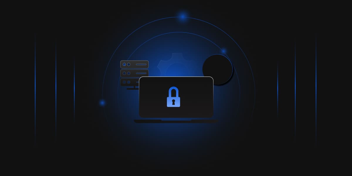 A dark-themed illustration showing a laptop with a lock icon on the screen, symbolizing security. In the background, there are server icons and abstract blue tech elements.