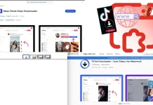 Screenshots of a TikTok video downloader website are displayed, with page sections highlighted by red arrows. Icons of TikTok, a browser, and a download symbol appear near a red cloud outline in the upper right corner.