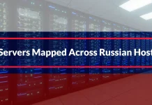 A row of server racks in a data center with the text “Servers Mapped Across Russian Hosts” overlaid on the image.