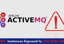 Image showing the Apache ActiveMQ logo next to a red warning triangle with an exclamation mark, and a banner below reading “1000+ Instances Exposed to CVE-2026-34.”.