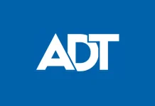 White letters ADT in bold, modern font centered on a solid blue background.