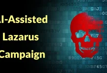 A red skull graphic appears over a digital background with numbers and code, next to yellow text that reads AI-Assisted Lazarus Campaign.