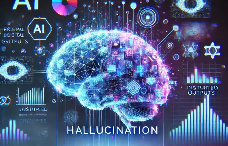 Digital illustration of a glowing brain surrounded by abstract graphics, charts, and the word “HALLUCINATION”, representing AI, digital data, and distorted outputs. Various symbols and colorful patterns are also visible.