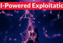 A digital illustration showing hands holding a gun, overlaid with pink and purple network lines. At the top, a red banner displays partially visible text reading AI-Powered Exploitatio.