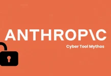 Orange background with the word ANTHROPIC (the I replaced by a backslash), the phrase Cyber Tool Mythos below, and a black padlock icon on the left.