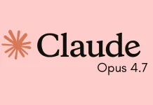 Logo with a brown starburst symbol next to the word Claude in large black font; Opus 4.7 appears beneath in smaller text, all on a light pink background.