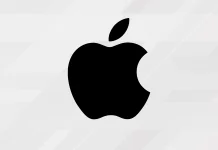 A black silhouette of an apple with a bite taken out of the right side and a leaf on top, set against a light gray background.