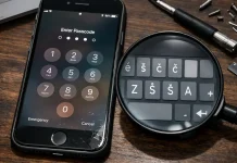 A smartphone with a cracked screen displays a passcode entry keypad. Beside it, a magnifying glass zooms in on a keyboard with accented characters, all resting on a wooden surface with tools nearby.