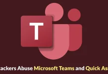 The image shows the Microsoft Teams logo with a bold T on a maroon background. Below, partially visible text reads: Hackers Abuse Microsoft Teams and Quick As...