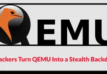 Logo with a stylized orange bird head, the letters QEMU, and the headline Hackers Turn QEMU Into a Stealth Backdoor in red text below.