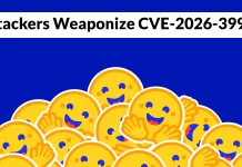 A group of smiling emoji faces with hands raised, beneath a headline saying, Hackers Weaponize CVE-2026-399, on a blue background.