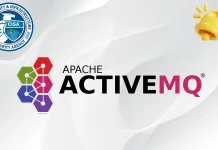 Apache ActiveMQ logo with a colorful hexagon design, the software name in bold text, and partial graphics of a blue circular seal and a yellow bell in the corners on a light background.