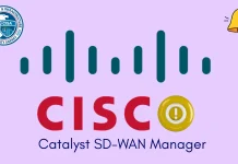 Cisco logo with the text Catalyst SD-WAN Manager below it, set against a purple background. A circular icon with an exclamation mark replaces the O in CISCO. Logos appear in the corners.