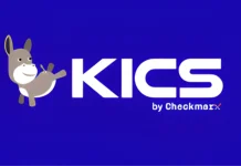 A cartoon donkey leans playfully on the left side of the bold white text KICS on a blue background, with smaller text below reading by Checkmarx.