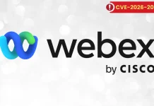 Cisco-Webex-Services-Vulnerability-Let-remote-attacker-impersonate-any-user-218×150 Webex by Cisco logo with a warning label in the top right corner that reads “CVE-2026-20” on a gray, bokeh-style background.