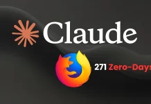 The image shows the Claude logo and name above the Firefox browser logo, with the text “271 Zero-Days” in white and red on a dark background.