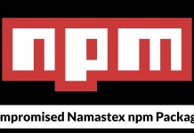 The image shows the red and white npm logo above the text Compromised Namastex npm Package on a black background.