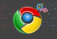 A stylized Chrome browser logo with a blue center is shown on a dark background, featuring a gear icon and the words UPDATE NOW in an orange and blue speech bubble.