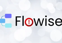 Flowise logo with three connected blue squares on the left and the word Flowise beside it; the o in Flowise is replaced with a red exclamation mark inside a circle.