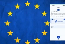 The image shows the European Union flag with yellow stars on a blue background. Overlaid on the right side is a smartphone screen displaying an app for age verification, featuring an EU logo and age check details.