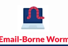 Illustration of a red worm crawling out of a laptop screen, with the words Email-Borne Worm written below in bold red text.