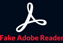 A stylized white A logo on a black background with the text Fake Adobe Reader in bold red letters below it.