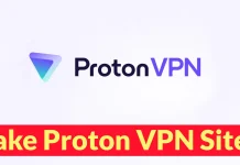 Proton VPN logo with a gradient triangle and the text ProtonVPN. Below, a red and yellow banner reads Fake Proton VPN Site.